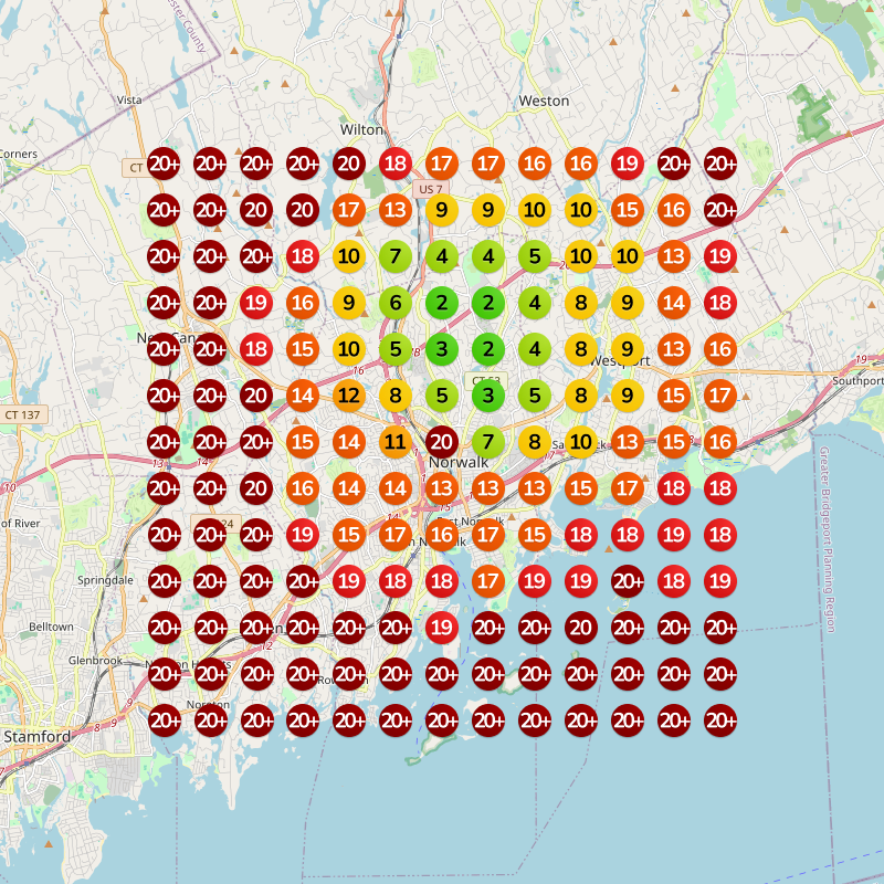 The same deck builder after the work: green and orange pins, ranking in the top three across the service area.