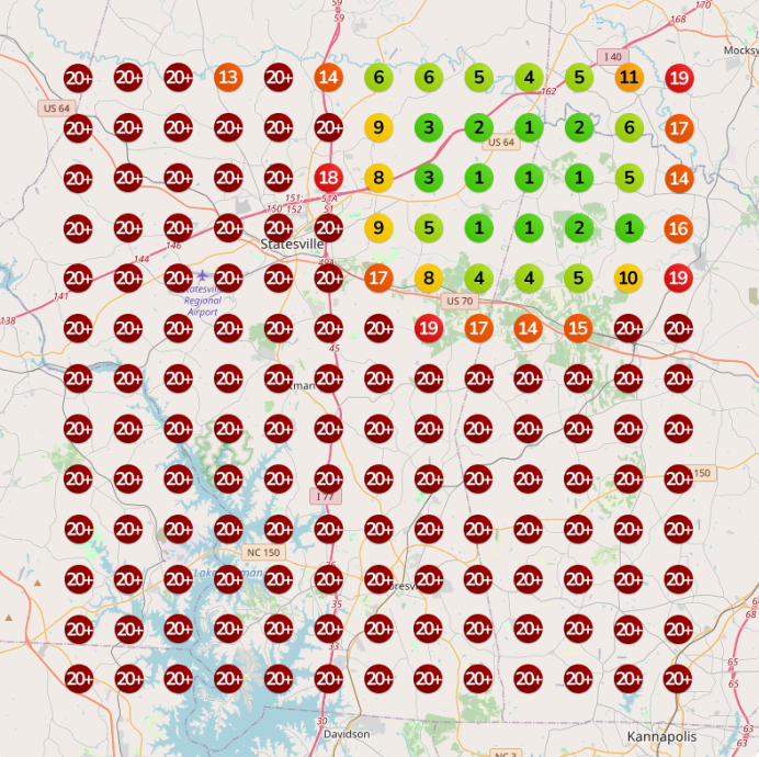 The same HVAC company after the work: a cluster of green pins, ranking in the top three near the service area.