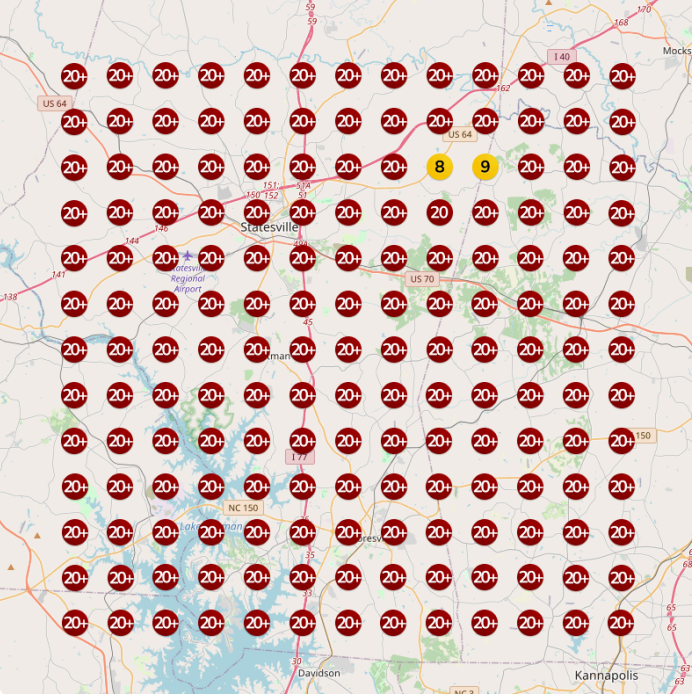 Map-pack ranking scan for an HVAC company before the work: mostly red pins, buried in the rankings.