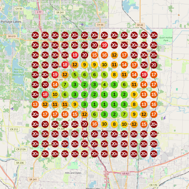 Map-pack ranking scan for a mechanic before the work: mostly red pins across the map.