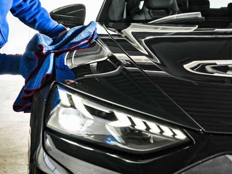 Professional using large microfiber cloth for car detailing work