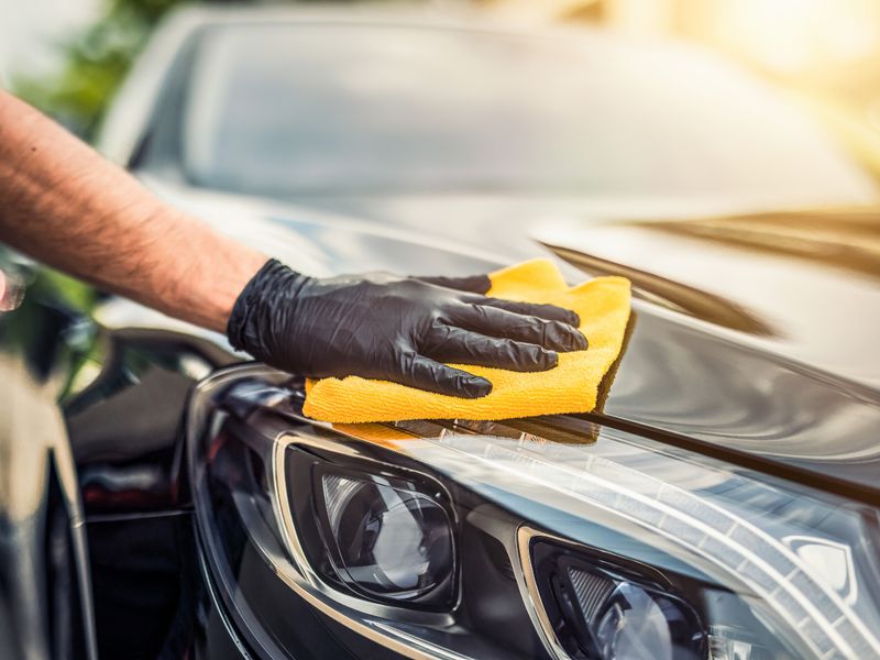 Wiping car hood with microfiber cloth showing detailing technique
